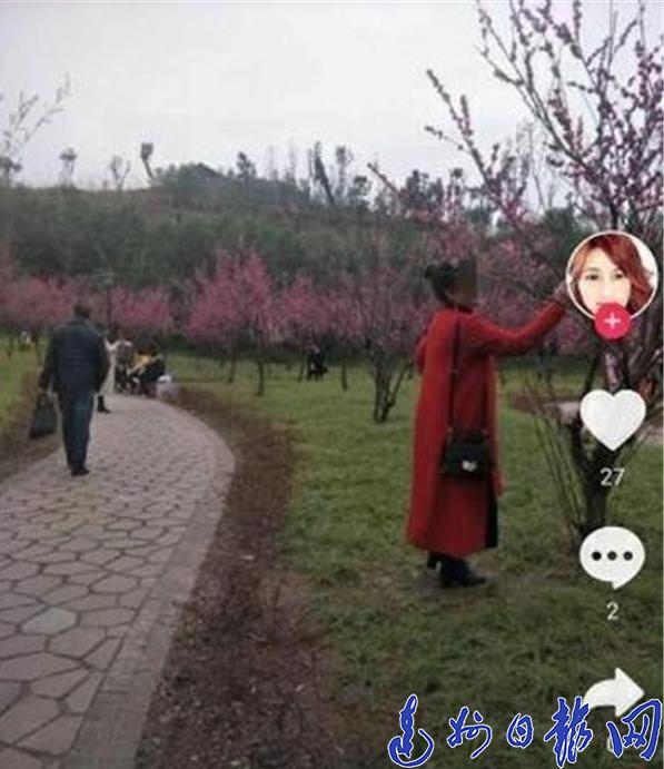 爱美女士塔沱公园自拍抖音践踏花草